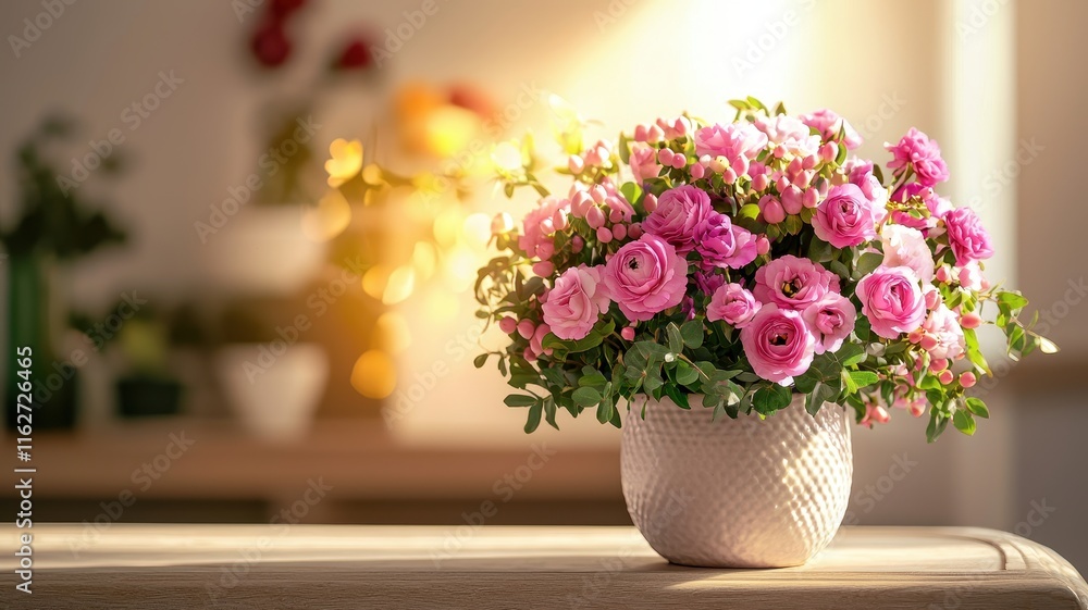 A beautiful bouquet of pink roses in a decorative pot, set against a softly lit background, creating a warm and inviting atmosphere. A beautiful bouquet of pink roses in a decorative pot, set against a softly lit background, creating a warm and inviting atmosphere.