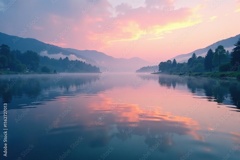 Fototapeta premium Serene lake surface reflects misty dawn sky with gentle ripples, calm, colors, peaceful