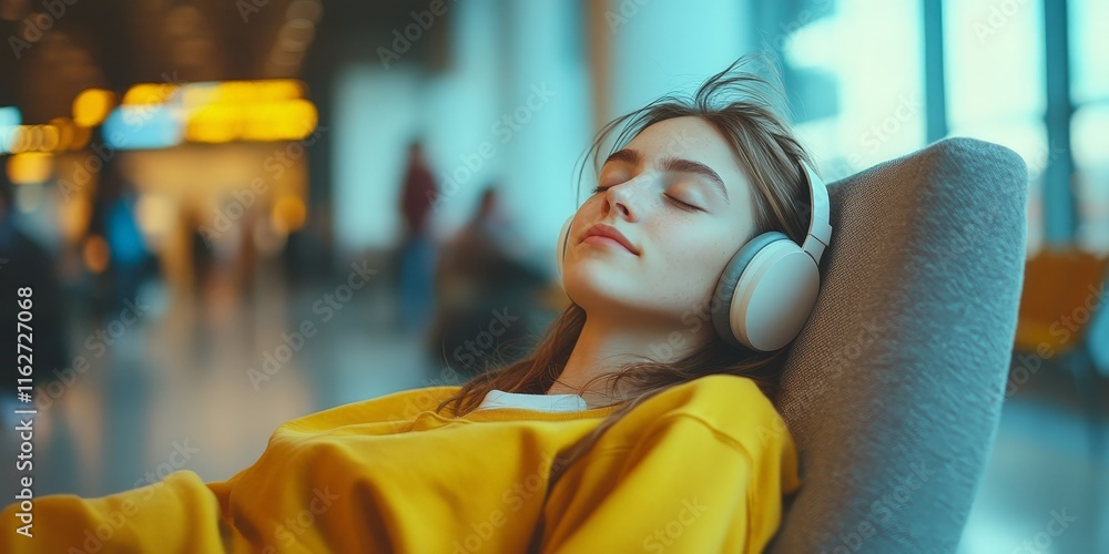 Obraz premium Woman relaxing at airport with plane in the background