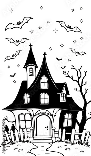 Spooky Hand-Drawn Halloween Illustration: Bats Fly Mysteriously Around Enchanting Gothic House. AI Generated photo