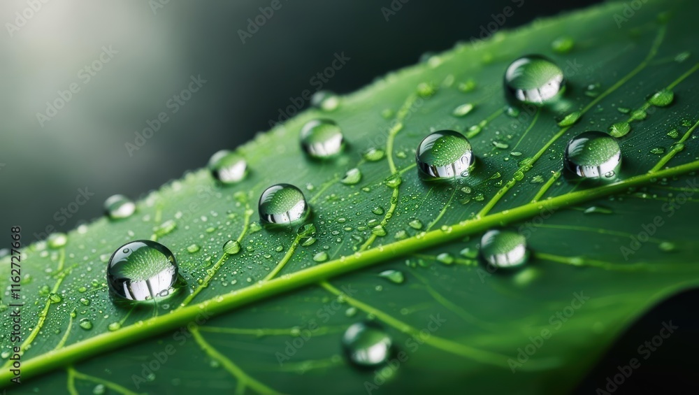 Close-up photo of water drops on green leaves, spa promotion, nature advertising, abundance, text space Close-up photo of water drops on green leaves, spa promotion, nature advertising, abundance, text space