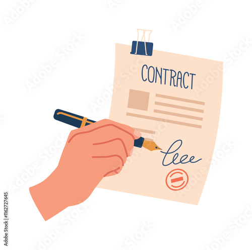 Hand signing contract document vector illustration