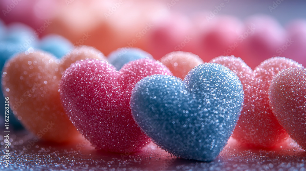 A row of hearts with different colors and sizes are arranged on a table. Concept of warmth and love, as the hearts are all different but still come together to form a cohesive and beautiful display A row of hearts with different colors and sizes are arranged on a table. Concept of warmth and love, as the hearts are all different but still come together to form a cohesive and beautiful display