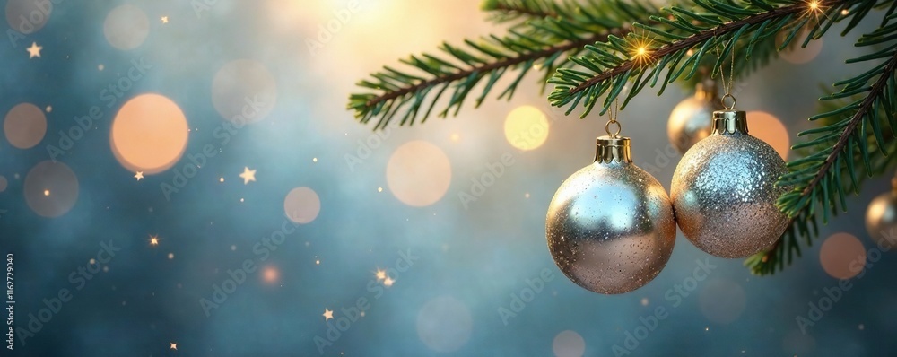 Sparkling silver and gold ornaments hanging from a branch, silver, shine Sparkling silver and gold ornaments hanging from a branch, silver, shine