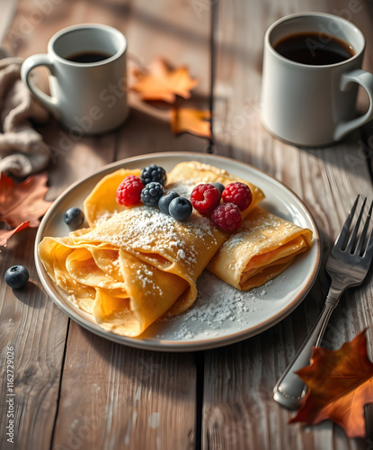 Delightful breakfast with crepes topped with fresh berries and steaming coffee on a cozy autumn morning photo