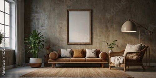 Mockup frame in nomadic boho interior background with rustic decor, 3d render	

