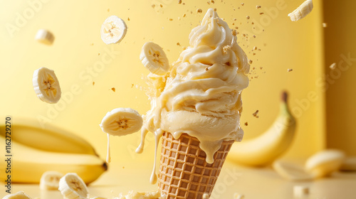 Banana soft ice cream cone with splash, vector realistic ad with fruit flavor splashing. Banana ice cream or gelato in wafer cone with banana pieces flow wave and drops splatter, iecream advertising photo