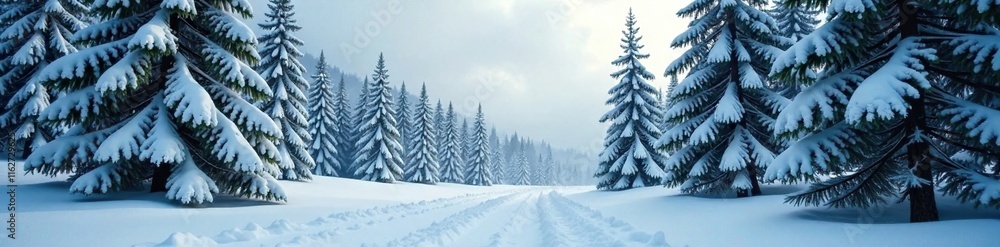 Swirling branches of spruce trees in a snowy forest, misty morning, winter landscape, arctic scene Swirling branches of spruce trees in a snowy forest, misty morning, winter landscape, arctic scene