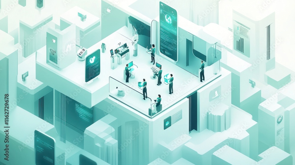 A futuristic workspace showcasing technology and collaboration among individuals. A futuristic workspace showcasing technology and collaboration among individuals.