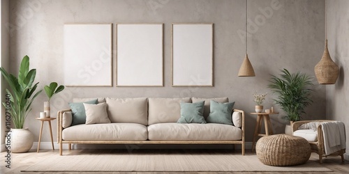 Mockup frame in nomadic boho interior background with rustic decor, 3d render