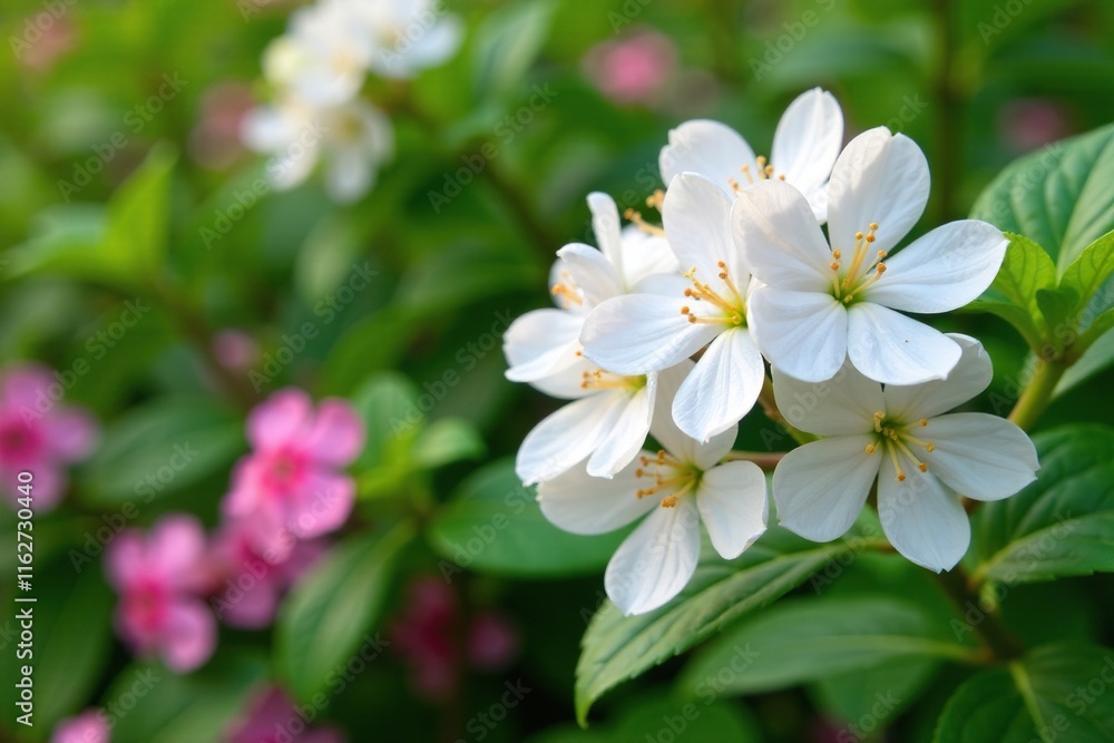 White Admiral Phlox branch with delicate pink flowers and green foliage in a garden bed, spring flowers, floral arrangement White Admiral Phlox branch with delicate pink flowers and green foliage in a garden bed, spring flowers, floral arrangement