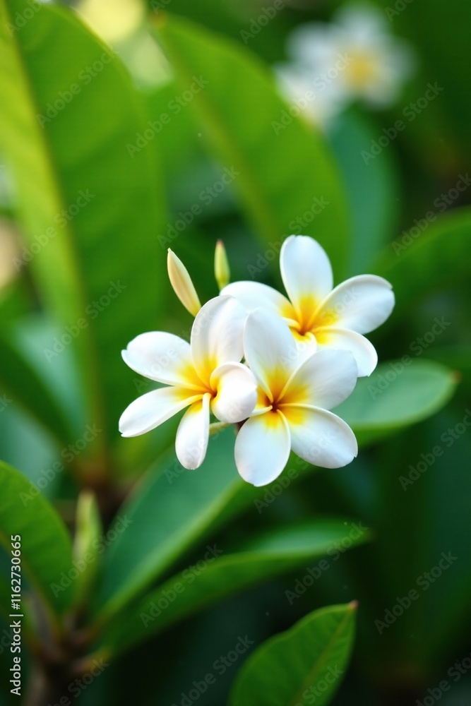 Fototapeta premium White frangipani blossoms in the background of a tree's foliage, exotic, blossom