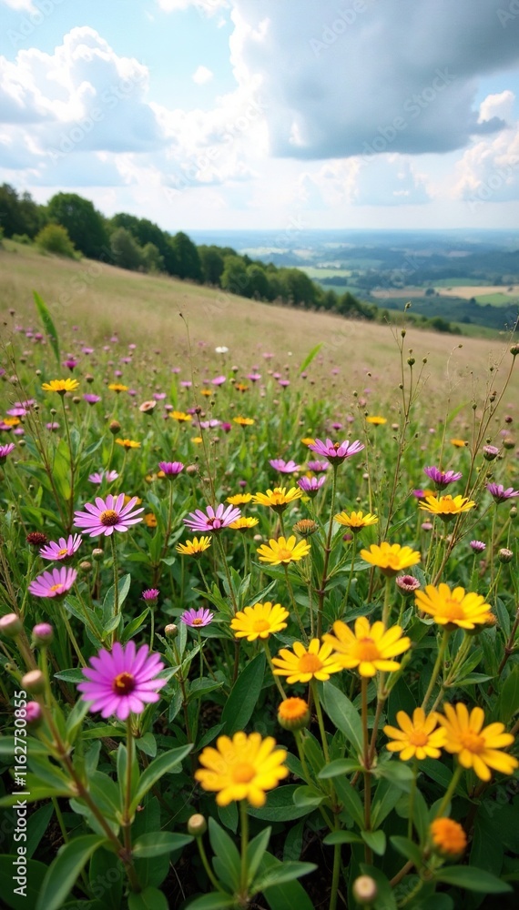Wildflowers blooming in the shape of a circular pattern on a heathland terrain, bloom, countryside view Wildflowers blooming in the shape of a circular pattern on a heathland terrain, bloom, countryside view