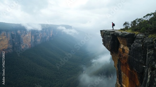 A lone trekker standing at a cliff edge, overlooking a valley covered in mist