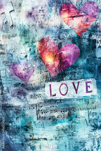 Wallpaper Mural The artwork showcases vibrant hearts and musical notes layered over an abstract, textured background, conveying a theme of love and music harmoniously intertwined Torontodigital.ca
