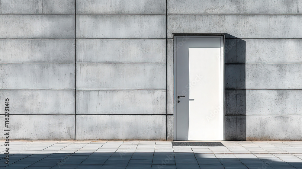 A white door stands alone on a gray concrete wall, with bright sunlight illuminating the surrounding area A white door stands alone on a gray concrete wall, with bright sunlight illuminating the surrounding area