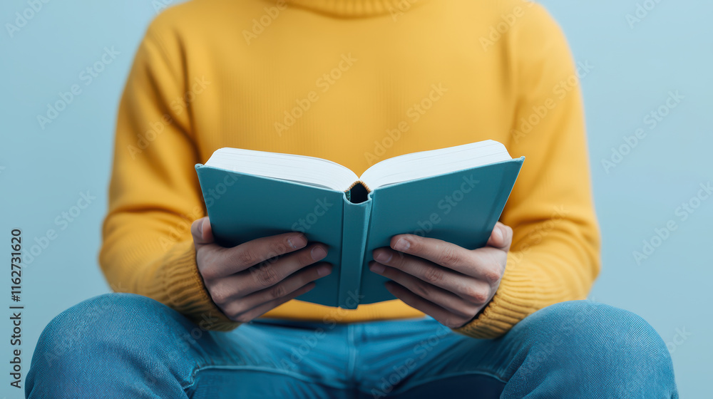 Fototapeta premium person in yellow sweater is reading blue book, immersed in thought