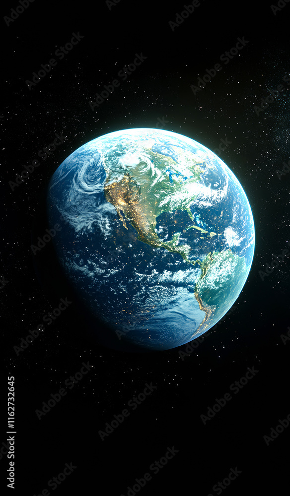 Fototapeta premium A close up of the Earth with a black background. The image is of a planet with a blue and white color scheme