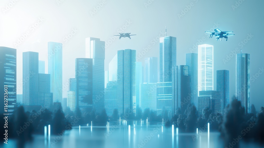Futuristic Cityscape Drones Flying Over Modern Buildings Futuristic Cityscape Drones Flying Over Modern Buildings