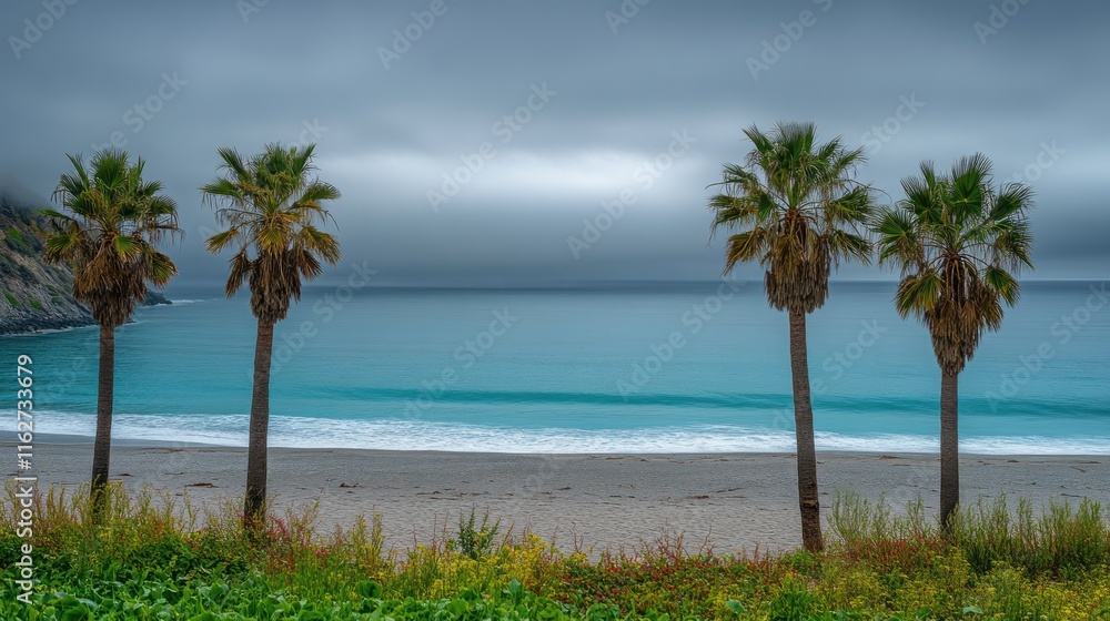 Fototapeta premium Serene beach scene with four palm trees under a cloudy sky.