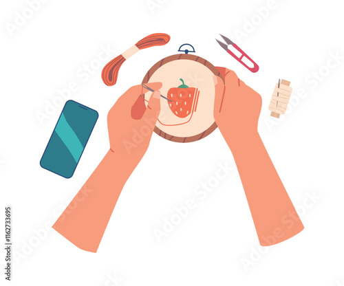 Sewing hands, embroidery needlework vector illustration