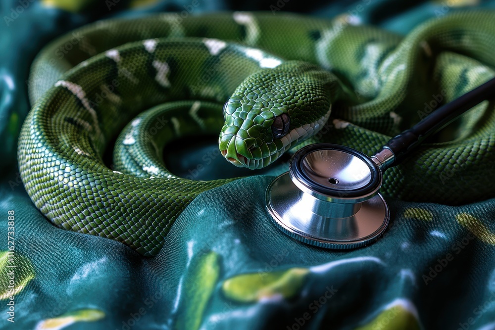 Fototapeta premium A green snake is curled up beside a stethoscope, resting on a vibrant, leafy patterned fabric in a warm indoor environment, creating a unique juxtaposition of nature and medical themes.