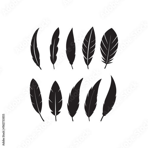 Bird feather icon set vector illustration isolated on. Bird feather icons. Vector silhouettes of black quill pens, fluffy angel wing, swan or goose bird 