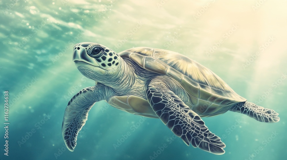 Fototapeta premium Serene Sea Turtle Swimming in Sunlit Ocean - Underwater Wildlife Art