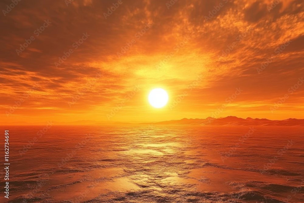 Fototapeta premium A breathtaking sunset casts brilliant shades of orange and gold over the calm ocean waters. The sun sinks below distant mountains, creating a serene atmosphere at dusk.