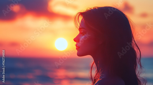 Wallpaper Mural A woman enjoys the beauty of a vibrant sunset while standing on the beach, lost in thought as colors fill the sky Torontodigital.ca