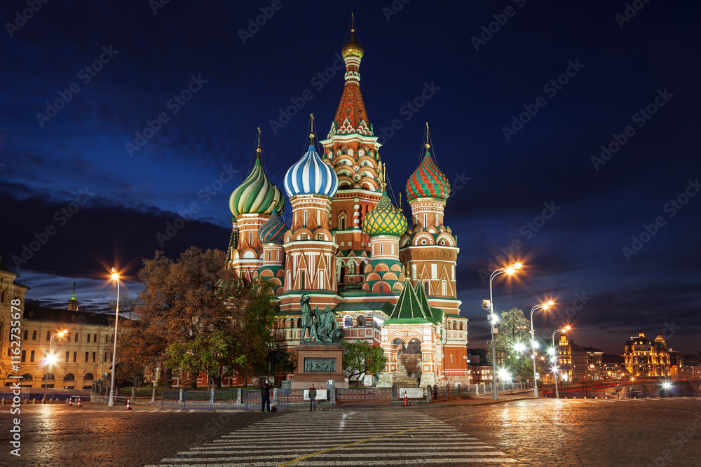 Pokrovsky Cathedral on Red Square at night. Monument of ancient Russian architecture of the 16th century. Moscow, Russia
