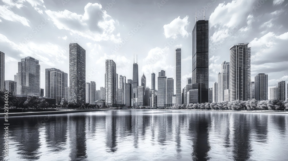 Fototapeta premium Chicago cityscape in monochrome white material design, 3D render