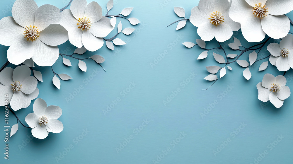 Winter Paper Cut White Blooming Flowers on Blue Background - Origami Art Craft Design Decor with Empty Space for Text or Message Winter Paper Cut White Blooming Flowers on Blue Background - Origami Art Craft Design Decor with Empty Space for Text or Message
