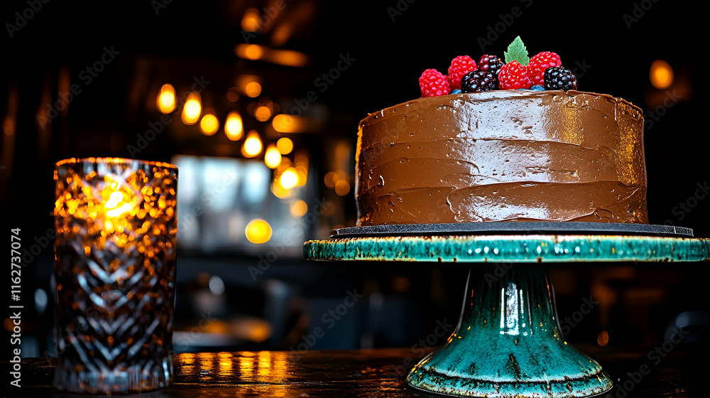 Delicious chocolate cake with berries on cake stand. Delicious chocolate cake with berries on cake stand.