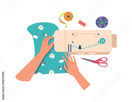 Hands sewing on machine vector illustration