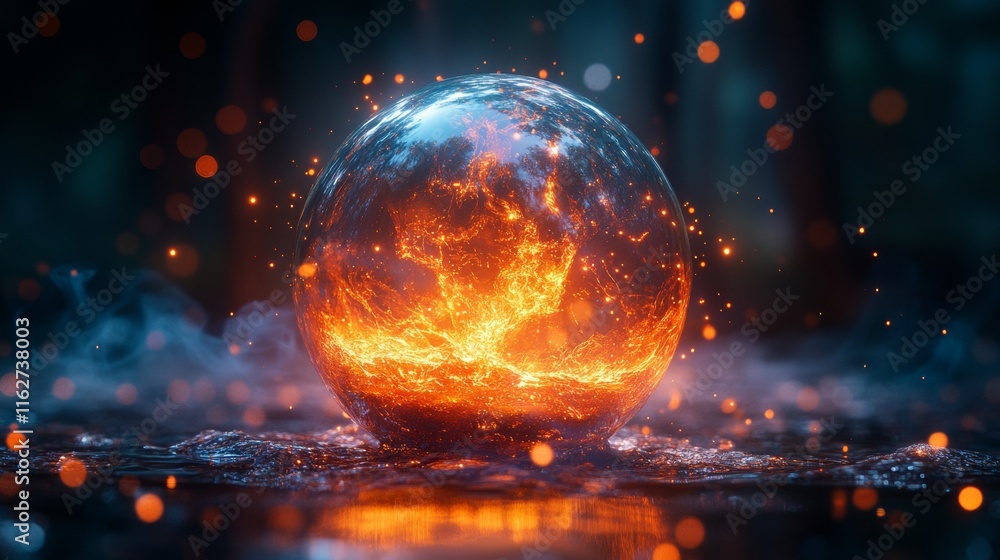 Glowing sphere with fiery texture and sparkles Glowing sphere with fiery texture and sparkles
