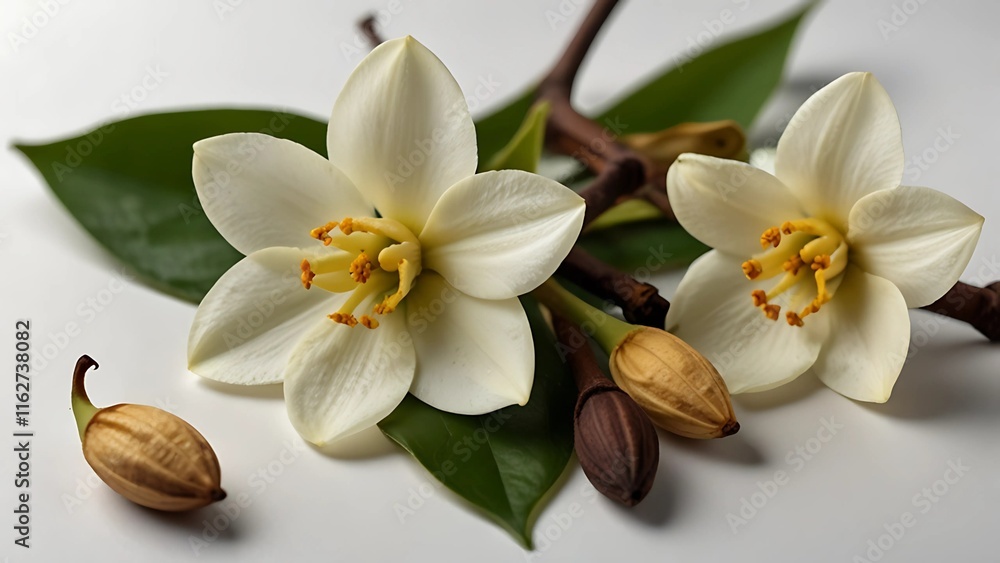 Obraz premium Blossoming cherry branch with white flowers. Realistic vector illustration