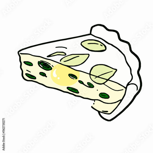 quiche slice outline vector illustration with cheese and spinach