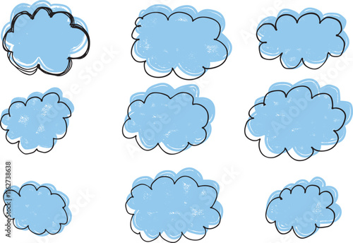 Doodle thinking clouds,  chat cartoon bubbles. Hand drawn set, two layers, vector, isolated on white background