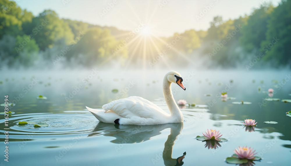 Fototapeta premium Swan gliding on misty lake with water lilies at sunrise