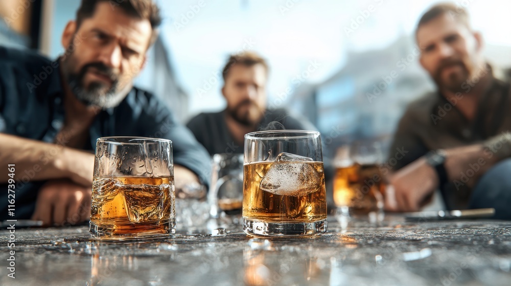 Friends enjoying whiskey drinks at a bar close-up view social gathering relaxed atmosphere Friends enjoying whiskey drinks at a bar close-up view social gathering relaxed atmosphere