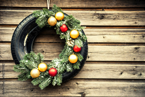 Creative christmas wreath made from tire with festive ornaments on rustic wooden wall