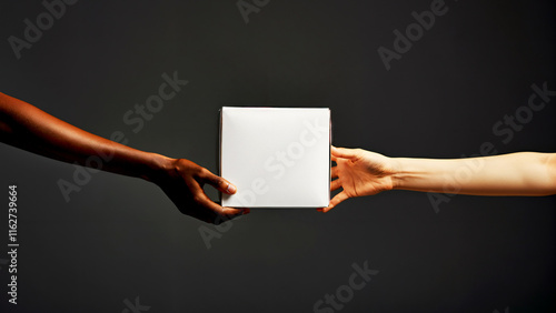 Diverse hands exchanging a gift box against dark background