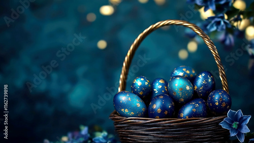 Festive blue and gold easter eggs in a wicker basket with floral accents and bokeh background