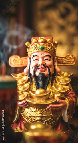 Golden god of wealth figurine with incense sticks in festive setting