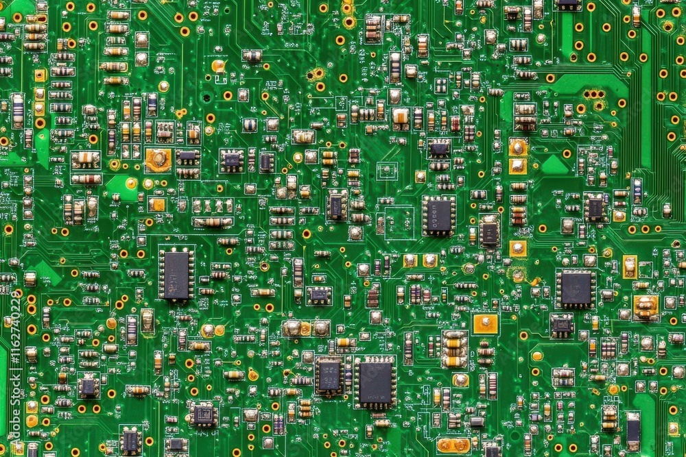 Detailed view of a printed circuit board featuring various electronic elements such as resistors, capacitors, and microchips. This technology is essential for electronics. Detailed view of a printed circuit board featuring various electronic elements such as resistors, capacitors, and microchips. This technology is essential for electronics.