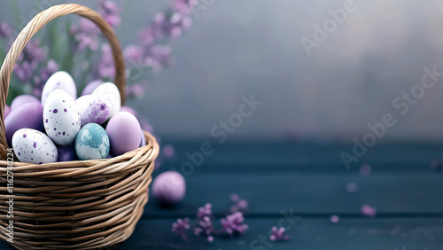 Pastel easter eggs in wicker basket with lavender on dark wooden background