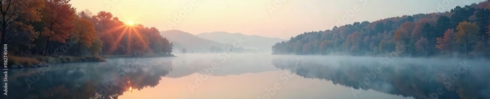 Obraz premium Foggy dawn over the still waters of an autumn lake, lake, fog
