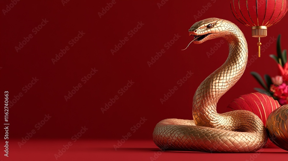 Fototapeta premium Elegant golden snake with traditional Chinese lantern and flowers