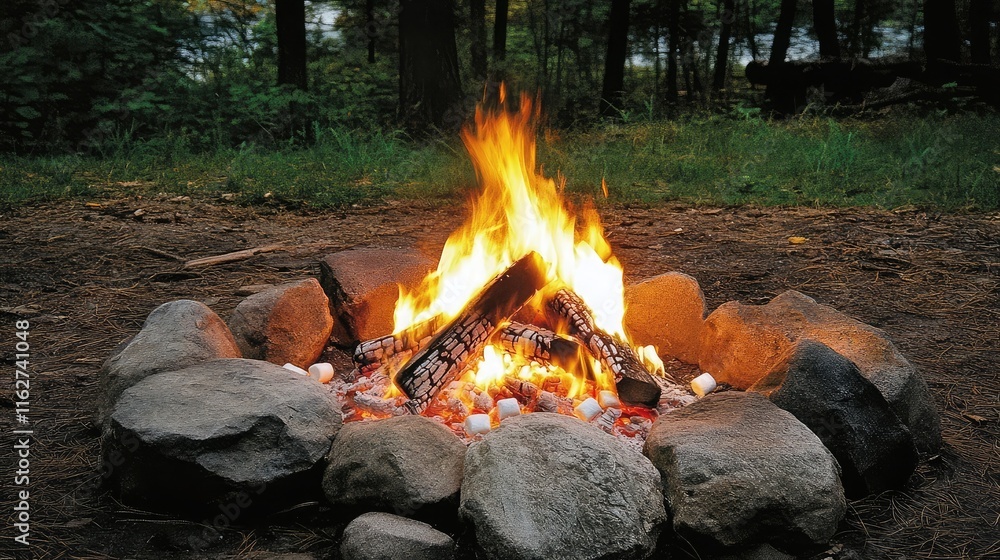 Close-up of marshmallows roasting over an open campfire in the woods Close-up of marshmallows roasting over an open campfire in the woods